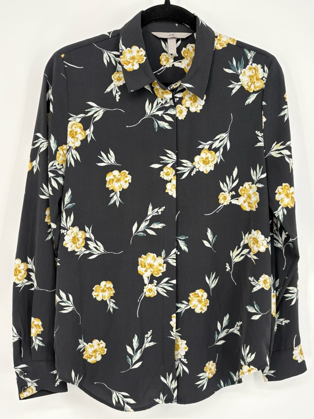 H&M Shirt Black with Yellow Floral Print Women’s 6